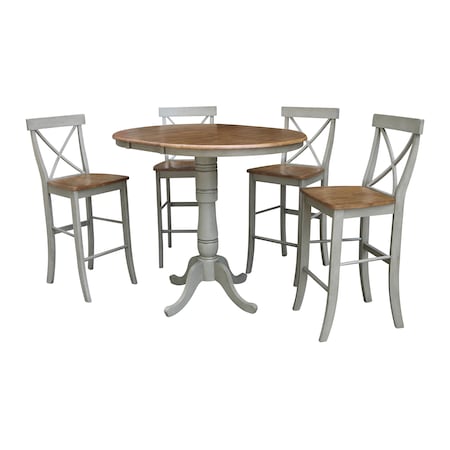 International Concepts Round 36 in Rd Extension Dining Table, 4 X-back Bar Height Stools, Hickory/Stone, 36 W, 48 L, Wood K41-36RXT-6B-S6133-4